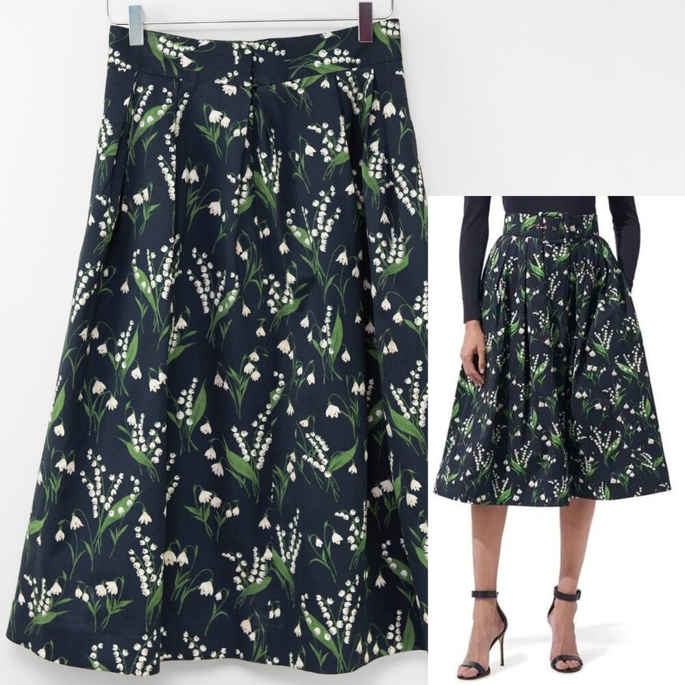 Carolina Herrera Midi Skirt Floral Print Made In Italy Navy Blue Green Cream 4 - Picture 1 of 8